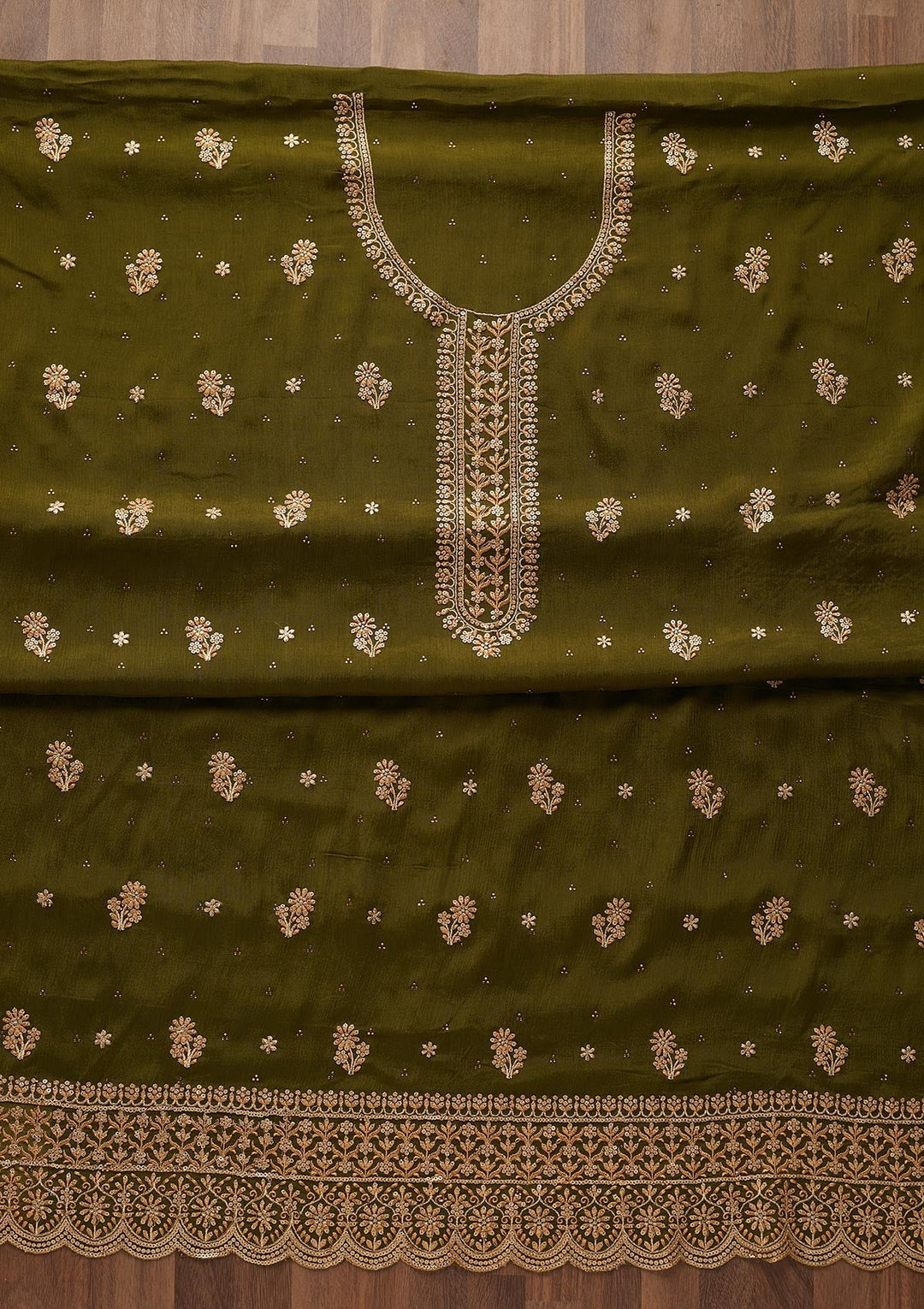 Mehendi Zariwork Chiffon Unstitched Salwar Suit - Koskii