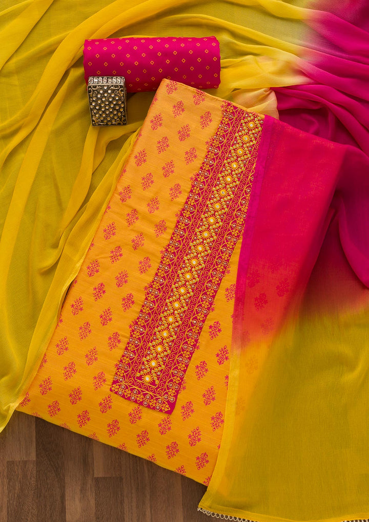 Mustard Printed C Unstitched Salwar Suit-Koskii