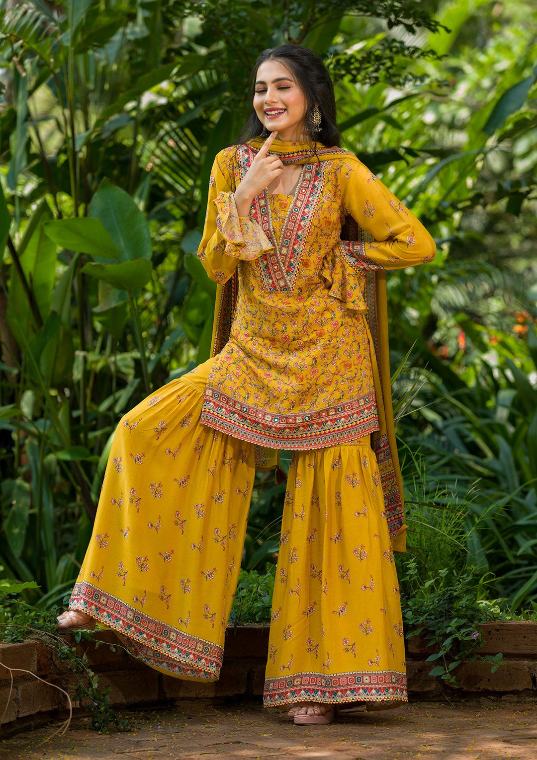 Mustard Printed Georgette Readymade Salwar Kameez-Koskii