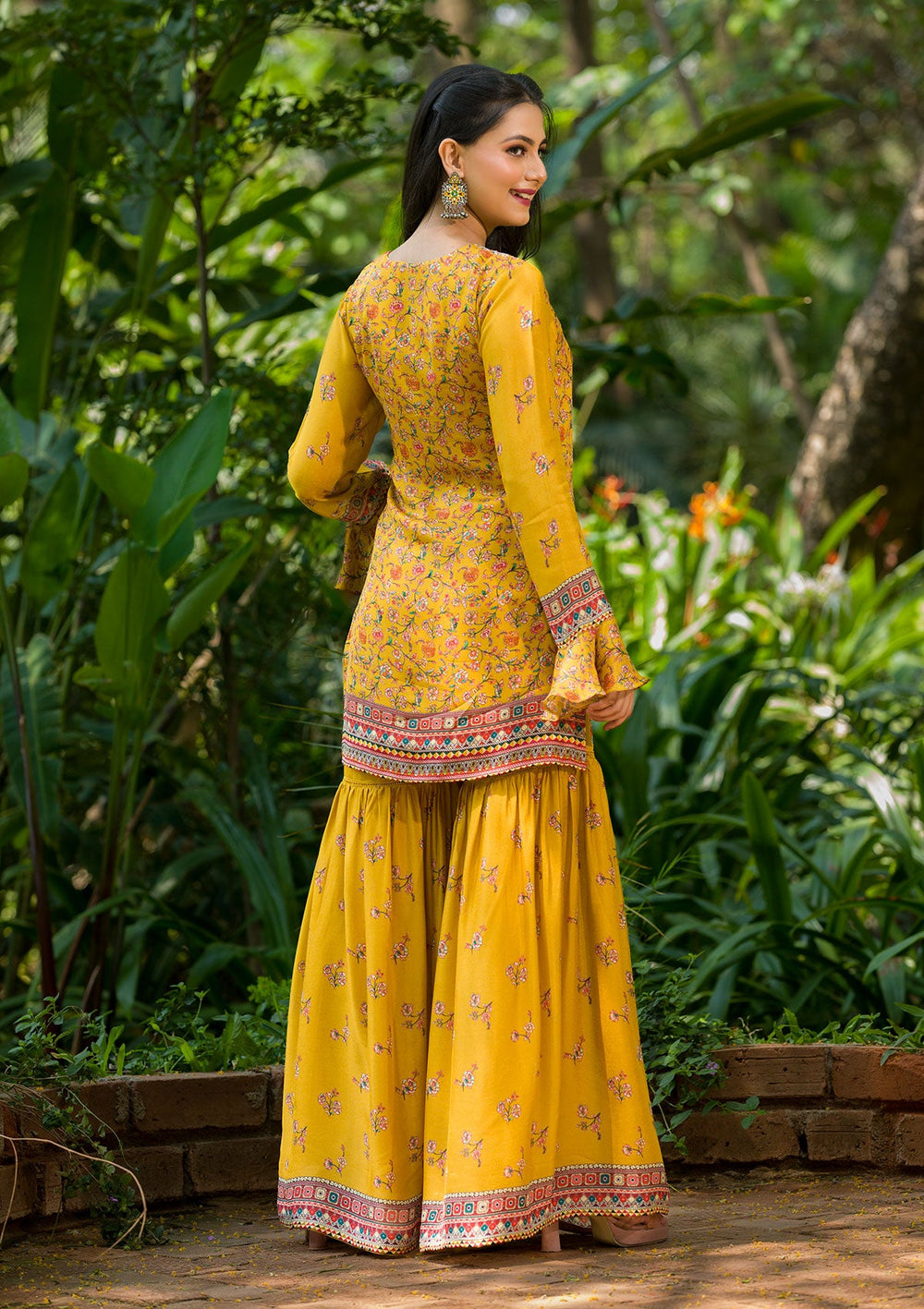Mustard Printed Georgette Readymade Salwar Kameez-Koskii