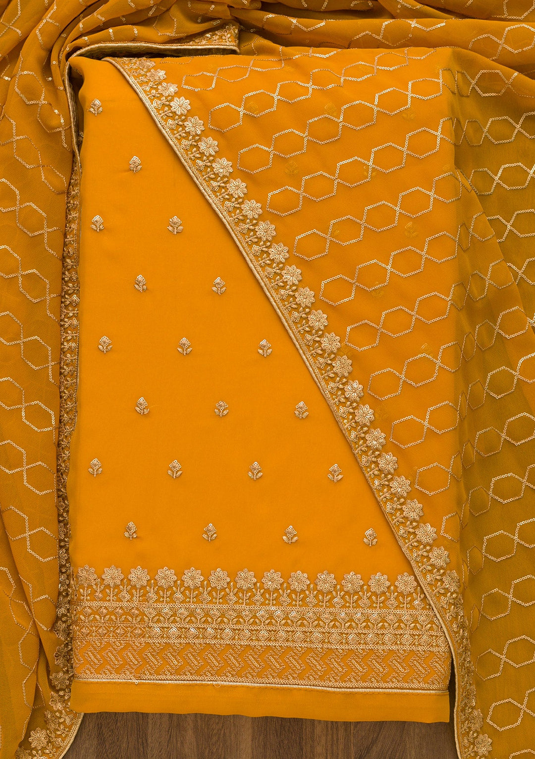 Mustard Sequins Georgette Unstitched Salwar Suit-Koskii