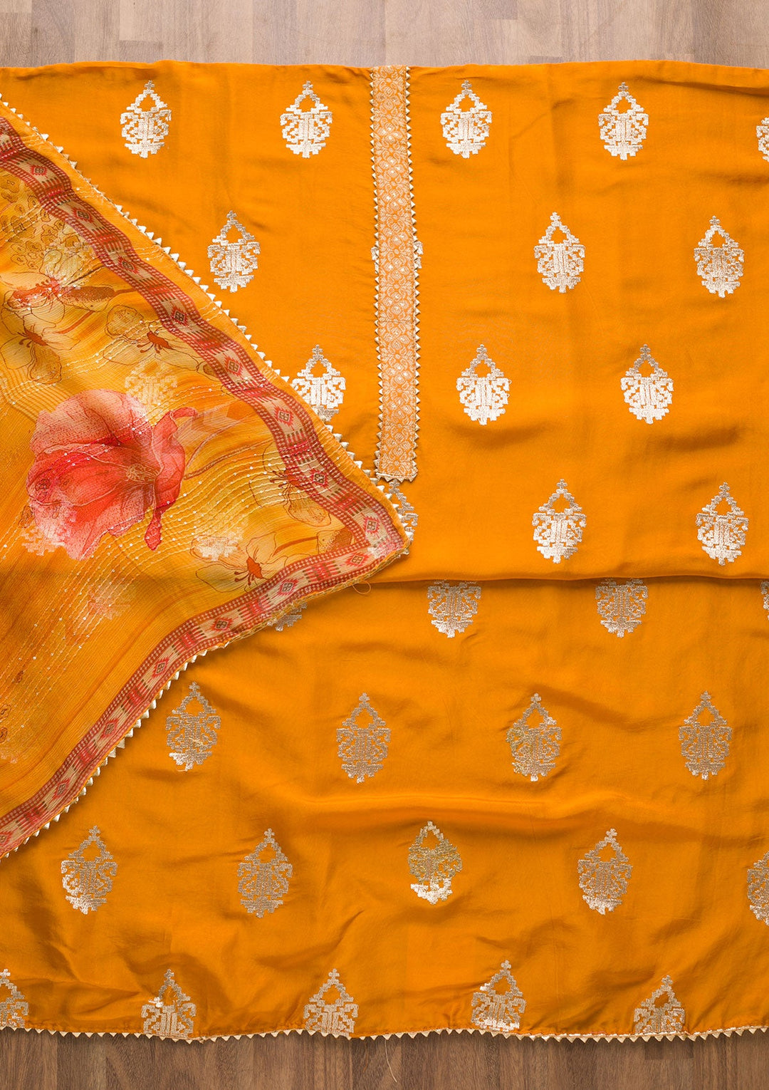 Mustard Zariwork Georgette Unstitched Salwar Suit-Koskii