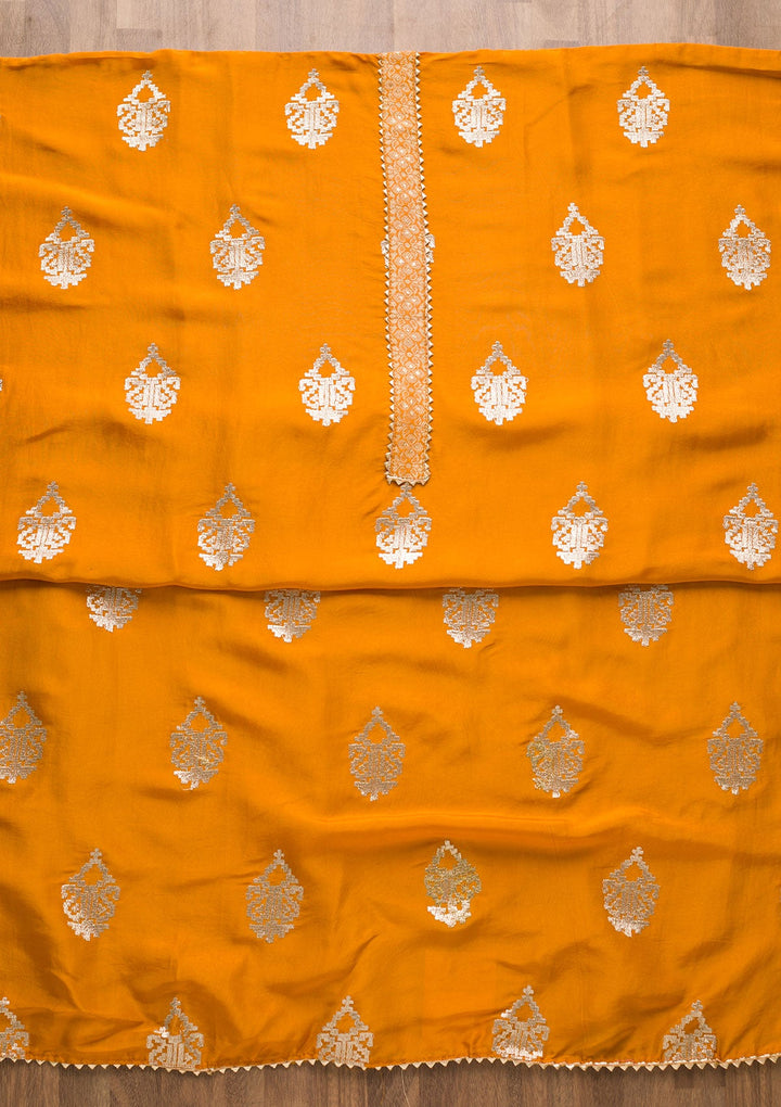 Mustard Zariwork Georgette Unstitched Salwar Suit-Koskii