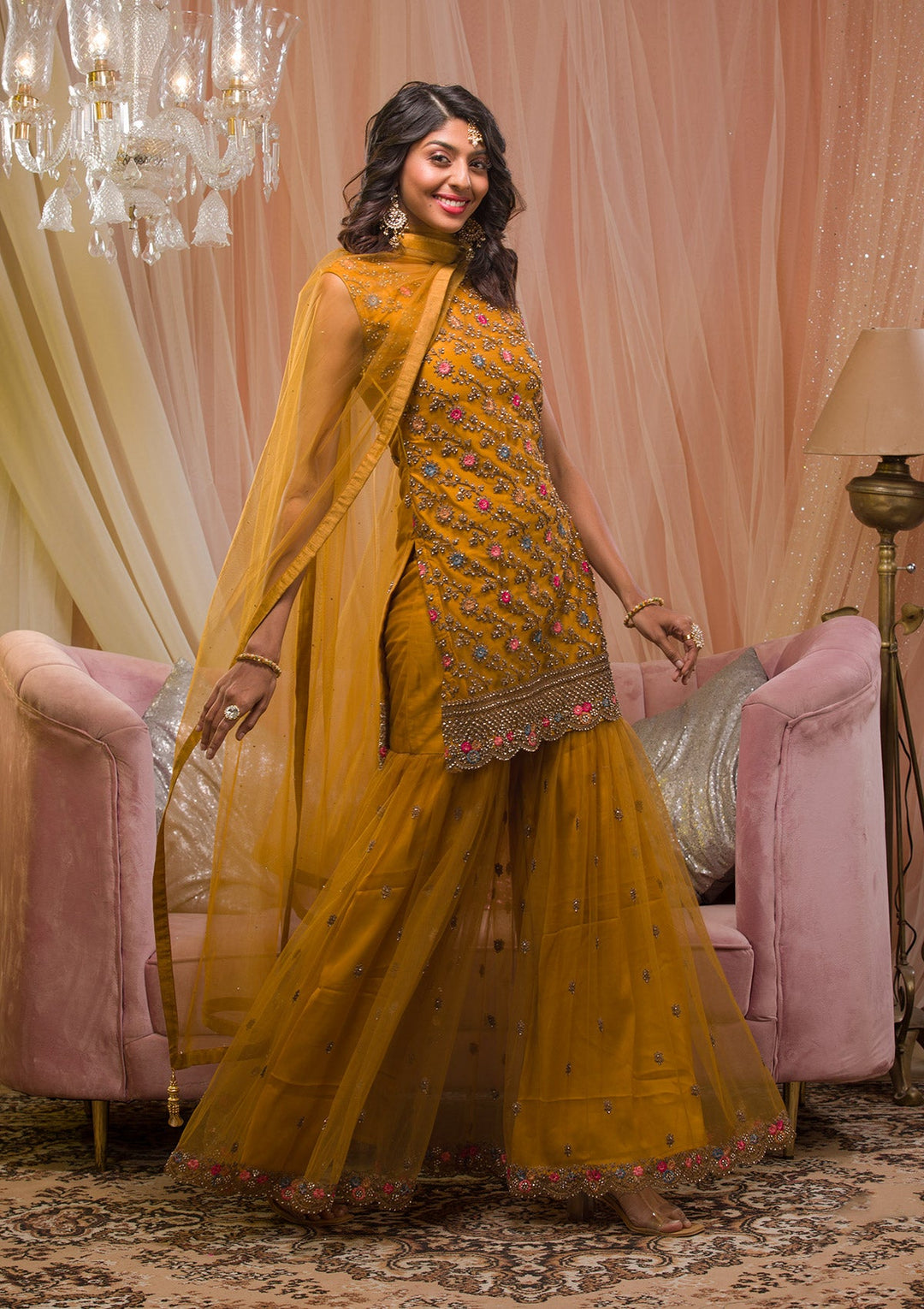 Mustard Zariwork Net Readymade Salwar Kameez-Koskii