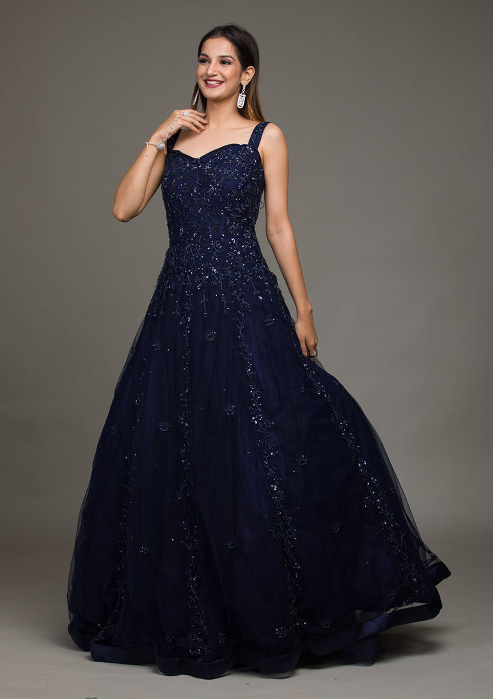Navy Blue Sequins Raw Silk Gown-koskii