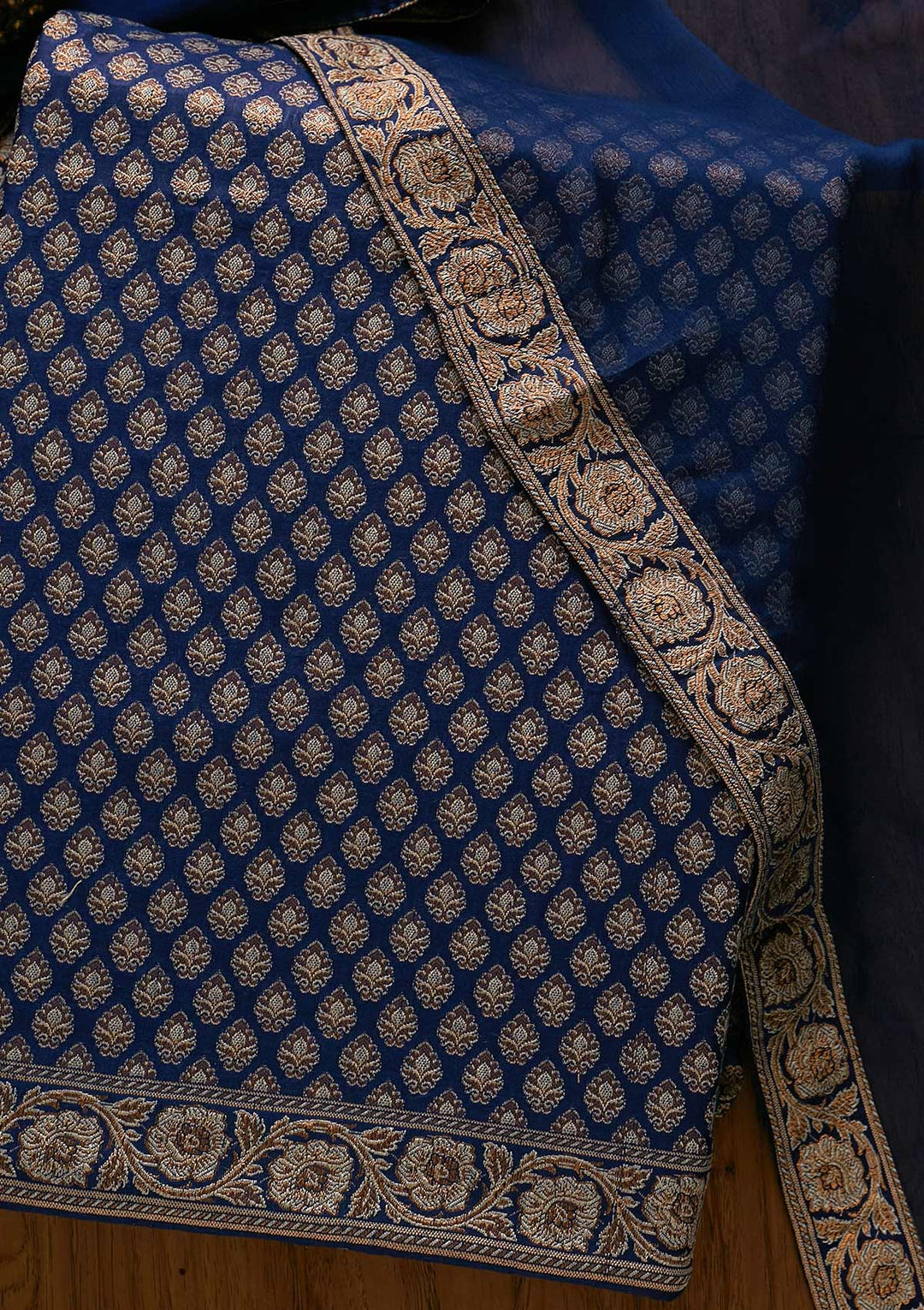 Navy Blue Zariwork Banarasi Designer Unstitched Salwar Suit - koskii