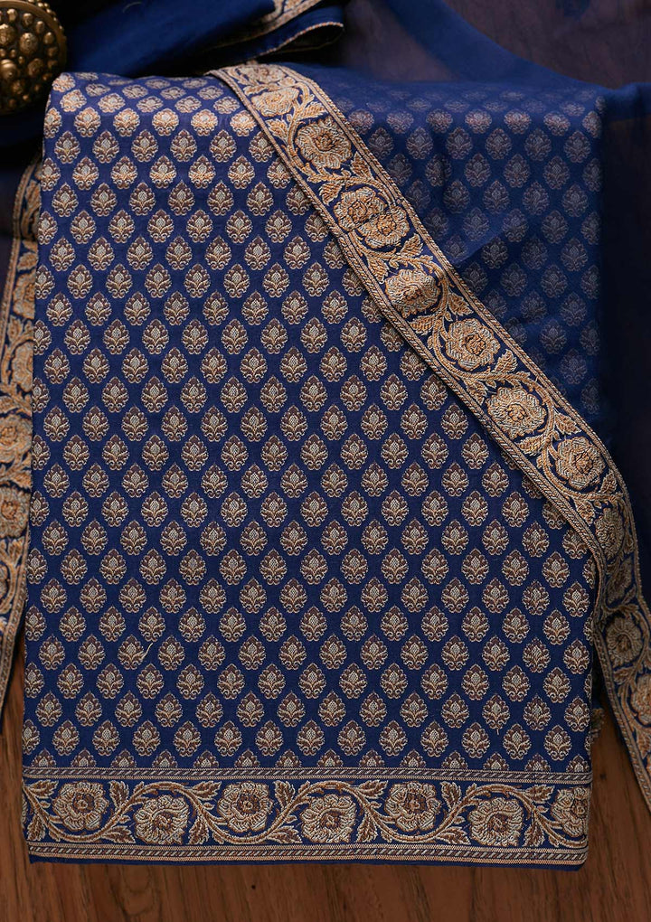 Navy Blue Zariwork Banarasi Designer Unstitched Salwar Suit - koskii