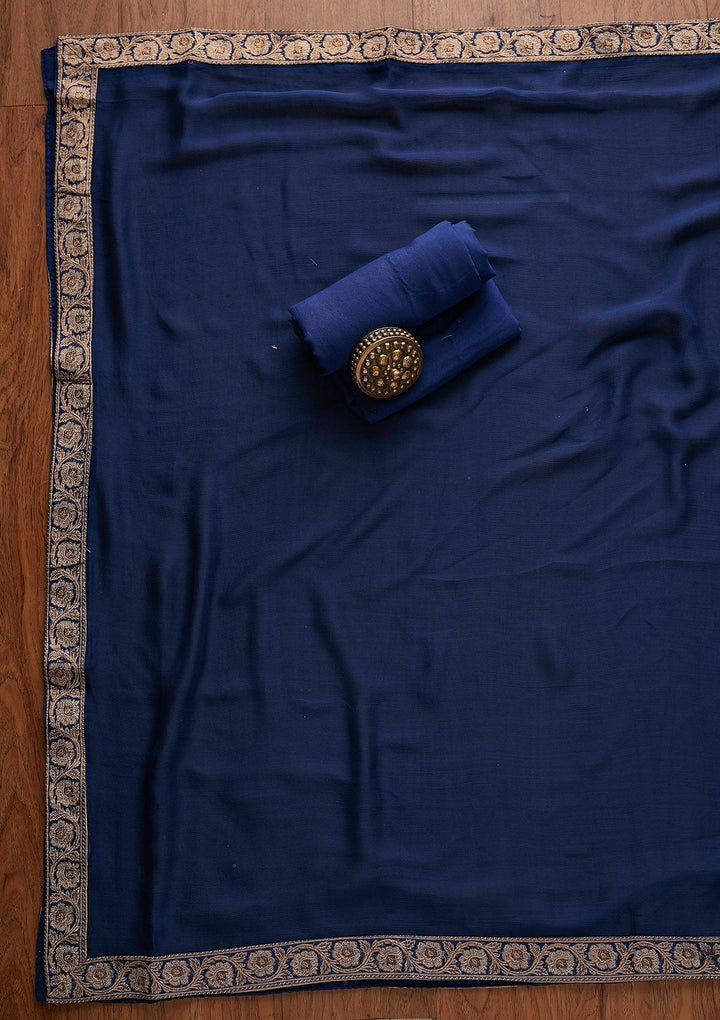 Navy Blue Zariwork Banarasi Designer Unstitched Salwar Suit - koskii