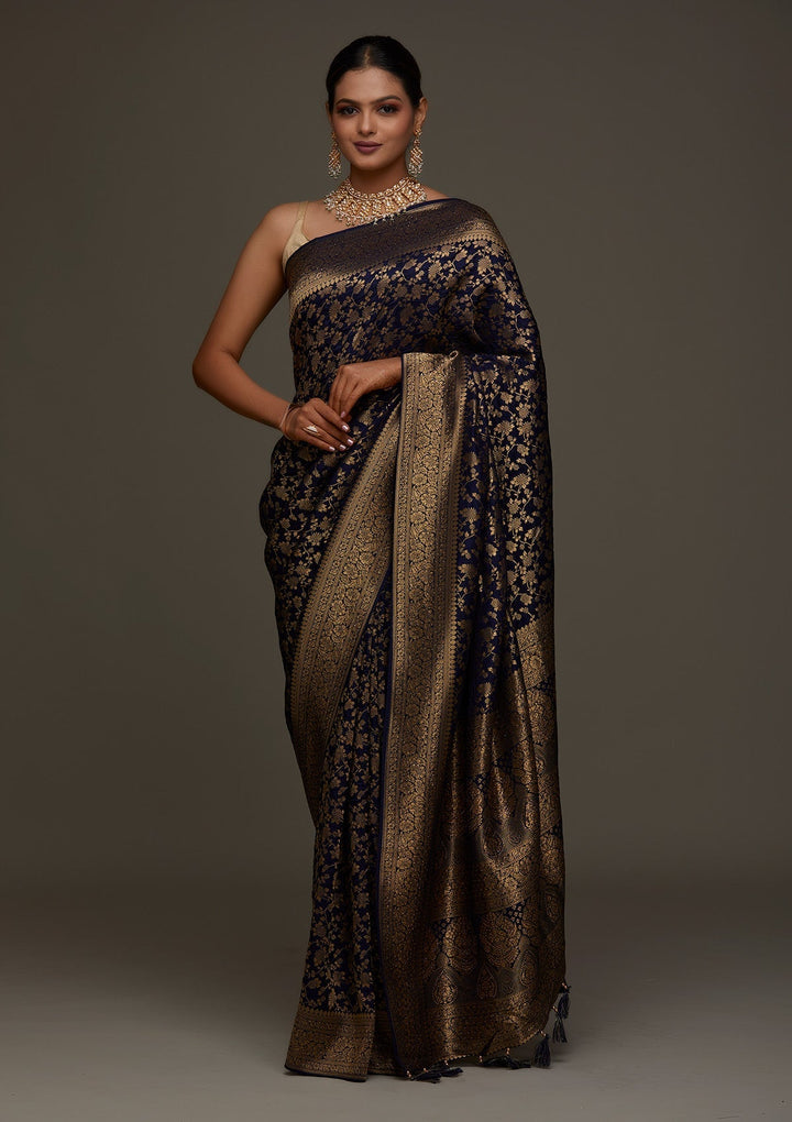 Navy Blue Zariwork Banarasi Designer Saree- Koskii