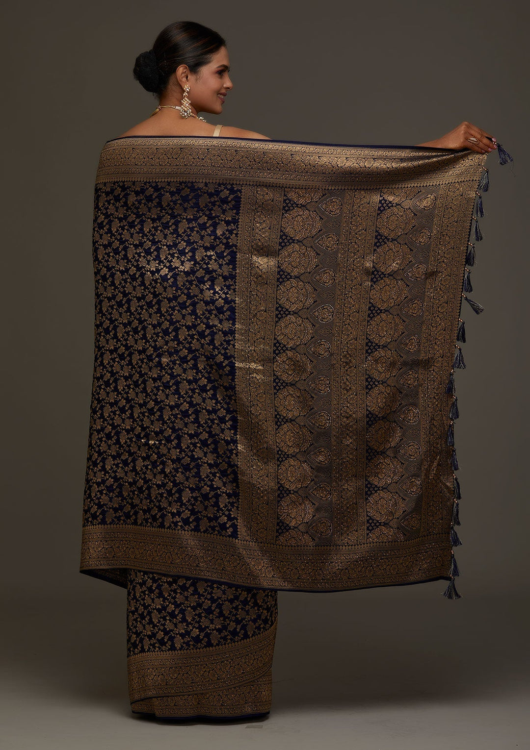 Navy Blue Zariwork Banarasi Designer Saree - Koskii