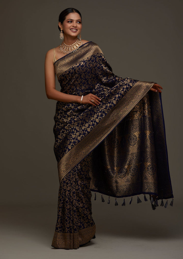 Navy Blue Zariwork Banarasi Designer Saree - Koskii