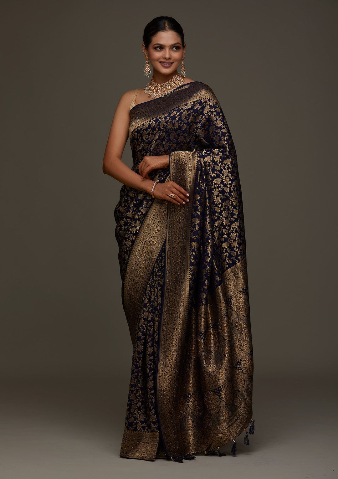 Navy Blue Zariwork Banarasi Designer Saree - Koskii