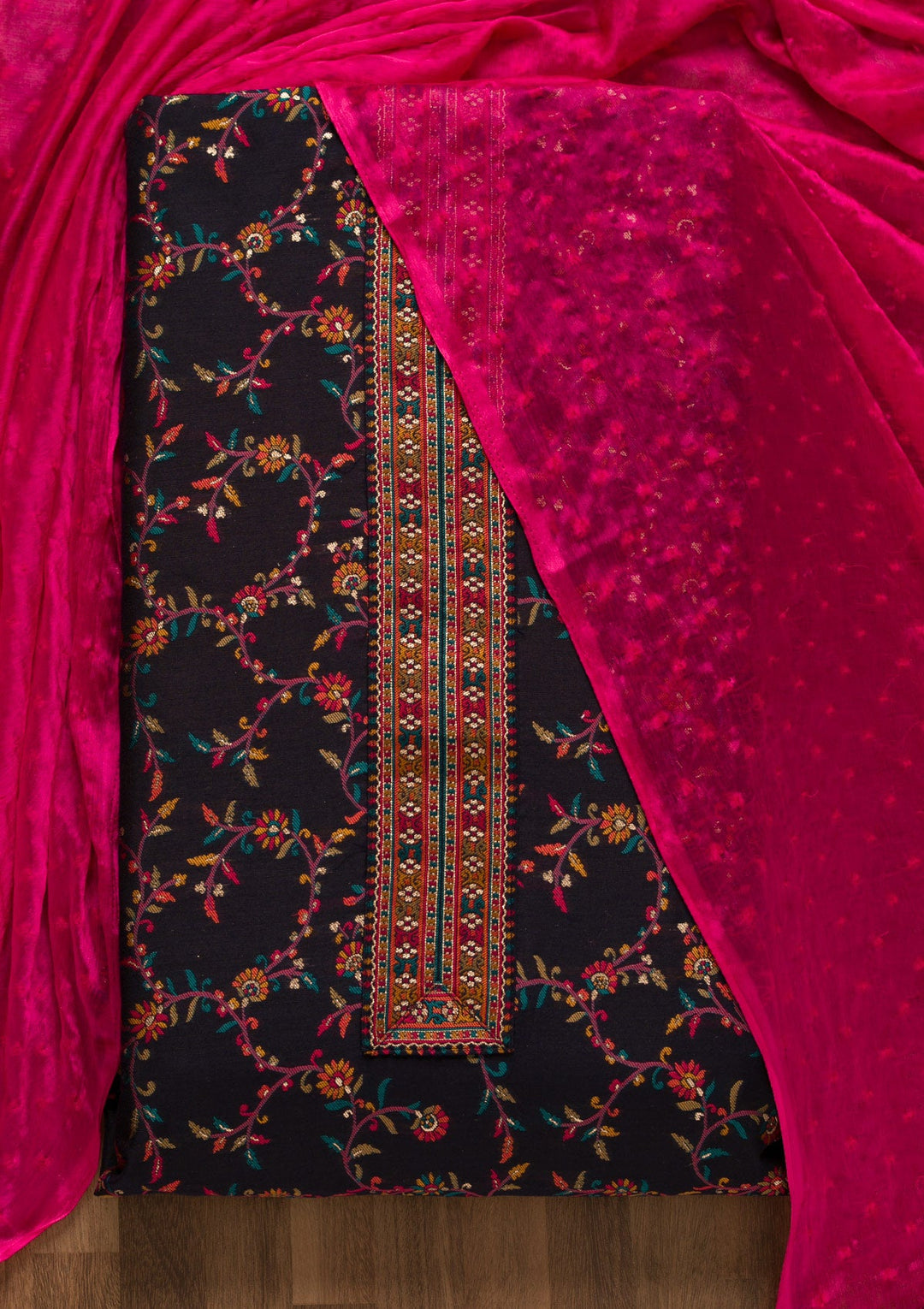 Navy Blue Zariwork Brocade Unstitched Salwar Kameez-Koskii
