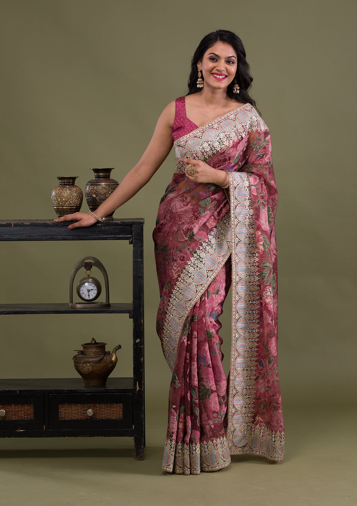 Onion Pink Tissue Saree with Resham Jal, Mirror, Stone, Sequin & Cutdana Work main image 0