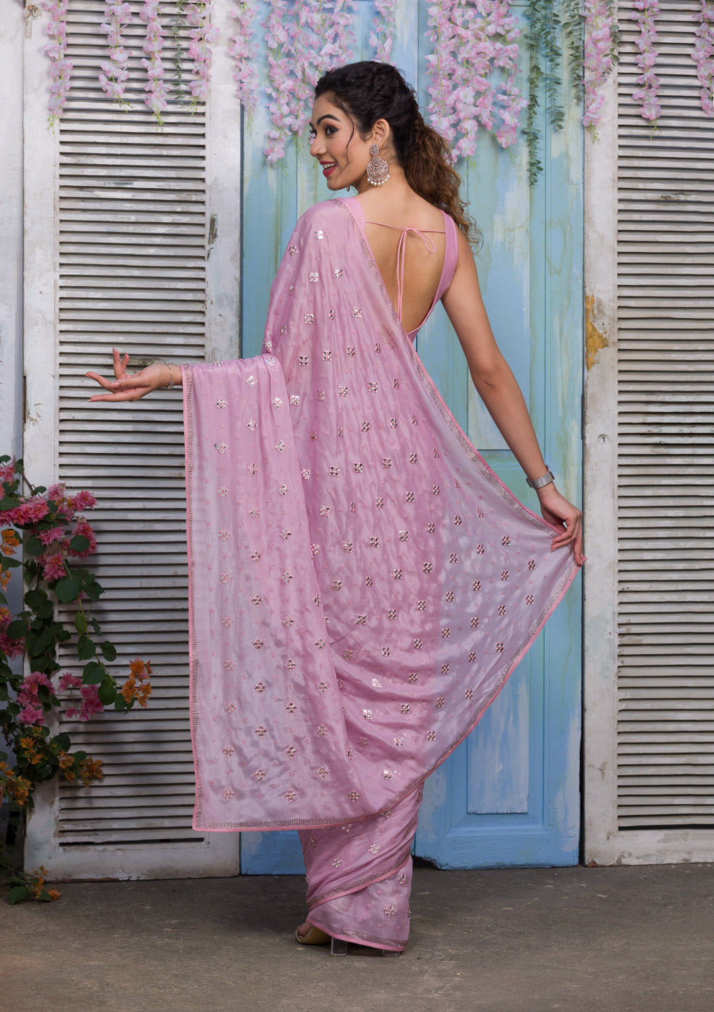 Onion Pink Swarovski Semi Crepe Designer Saree-Koskii