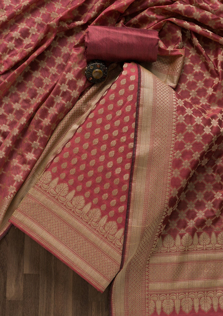 Onion Pink Zariwork Banarasi Unstitched Salwar Suit-Koskii