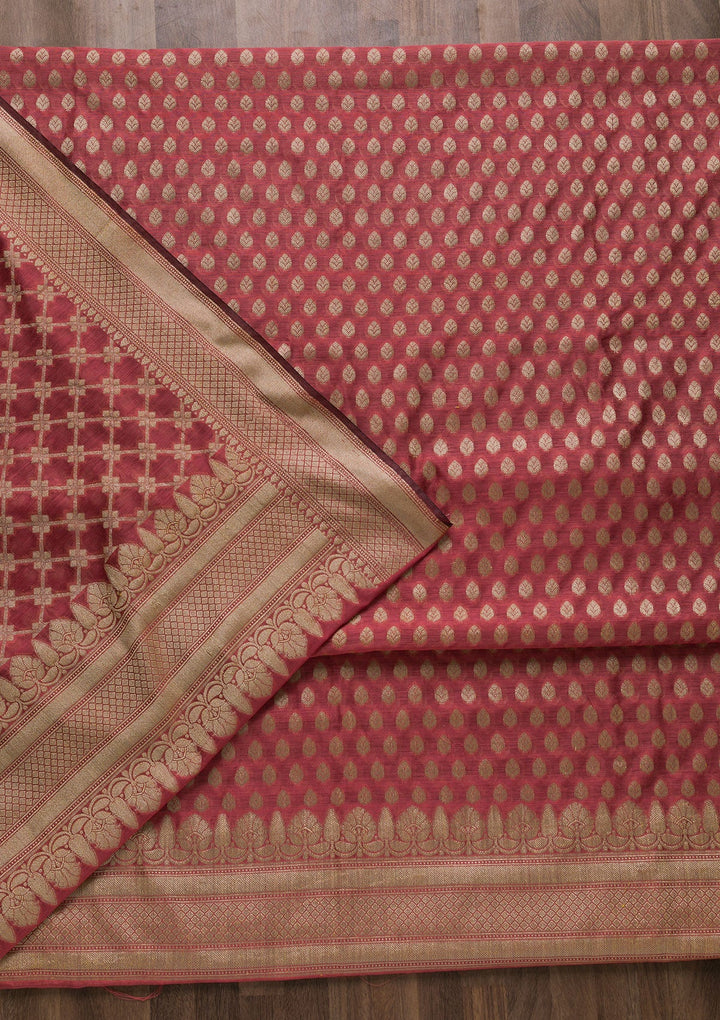 Onion Pink Zariwork Banarasi Unstitched Salwar Suit-Koskii