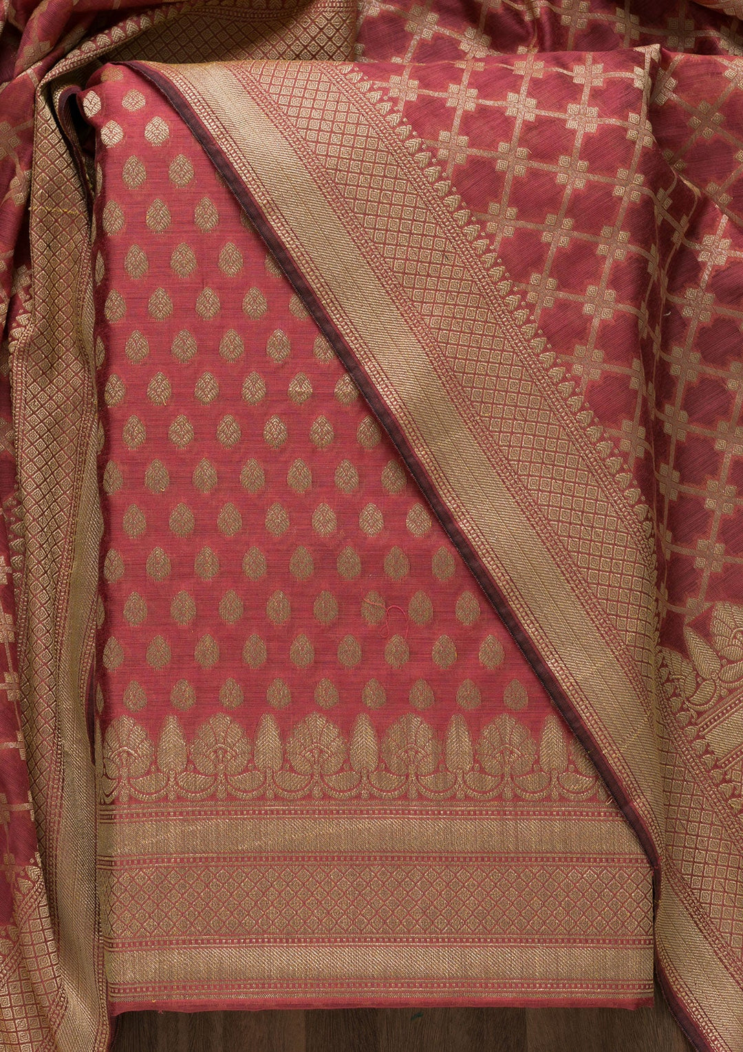 Onion Pink Zariwork Banarasi Unstitched Salwar Suit-Koskii