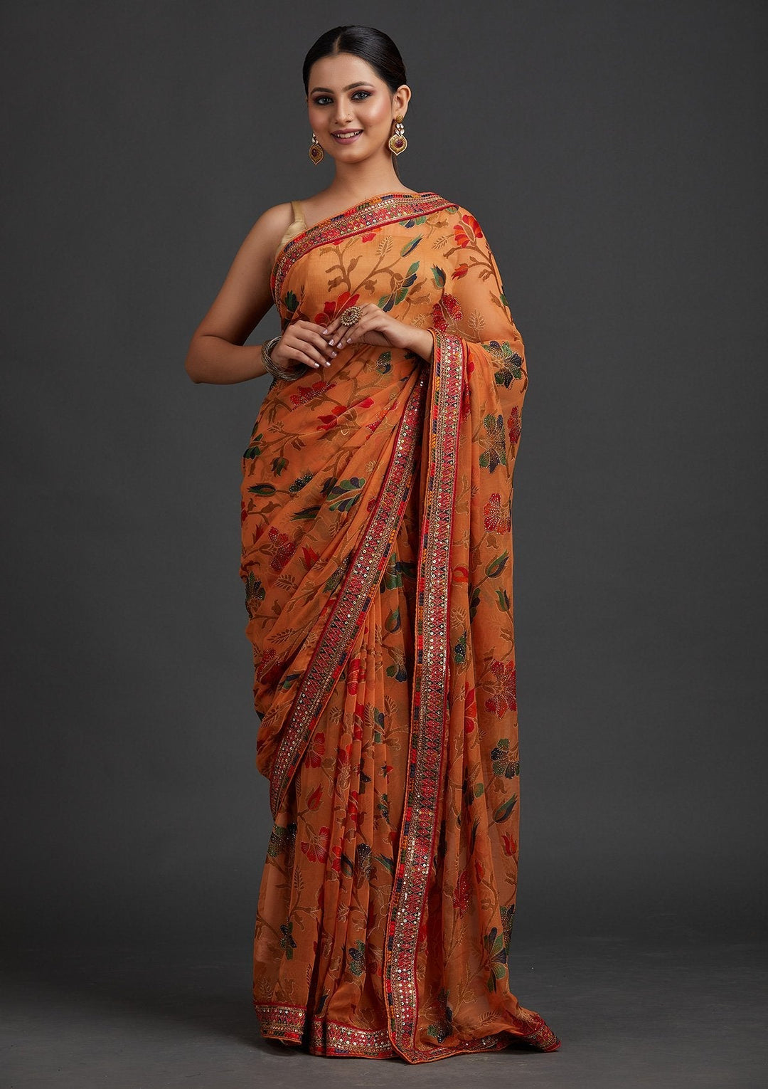 Orange Sequins Georgette Designer Saree - koskii