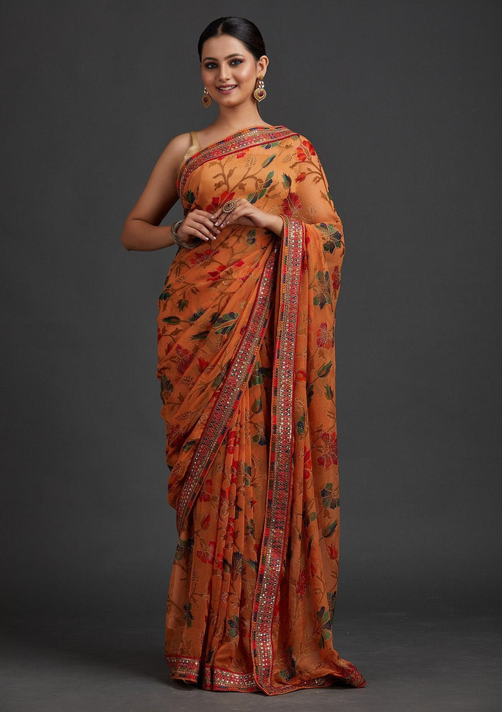 Orange Sequins Georgette Designer Saree - koskii