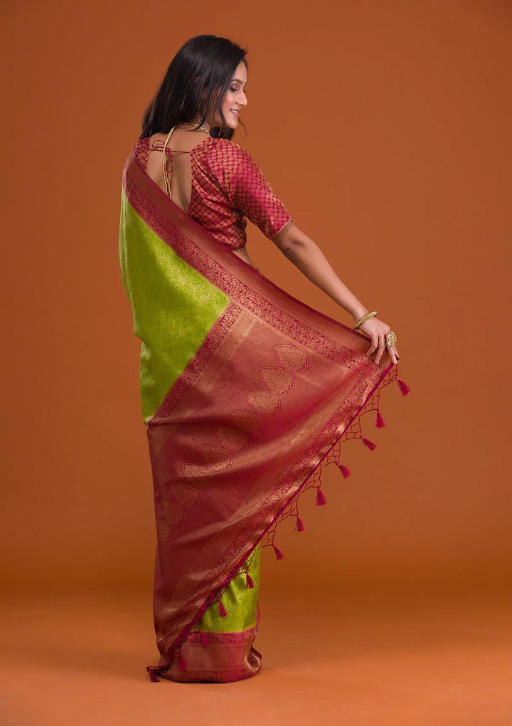 Parrot Green Zariwork Banarasi Saree-Koskii