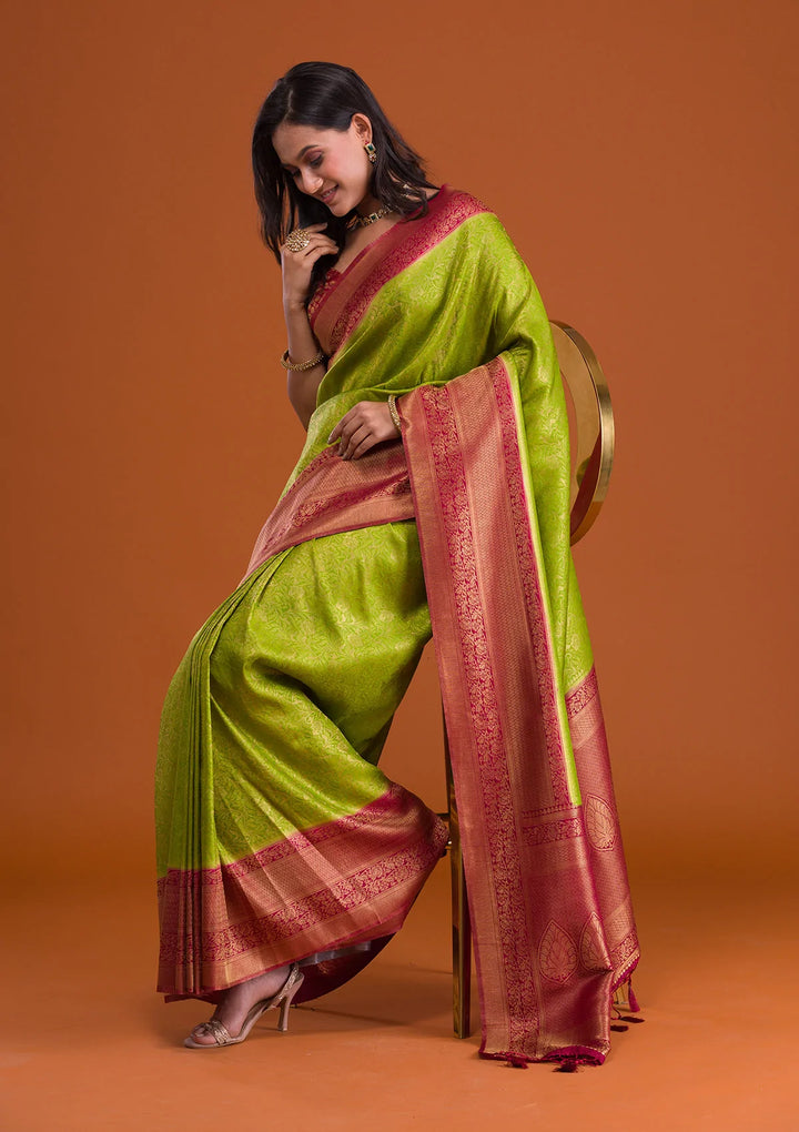 Parrot Green Zariwork Banarasi Saree-Koskii