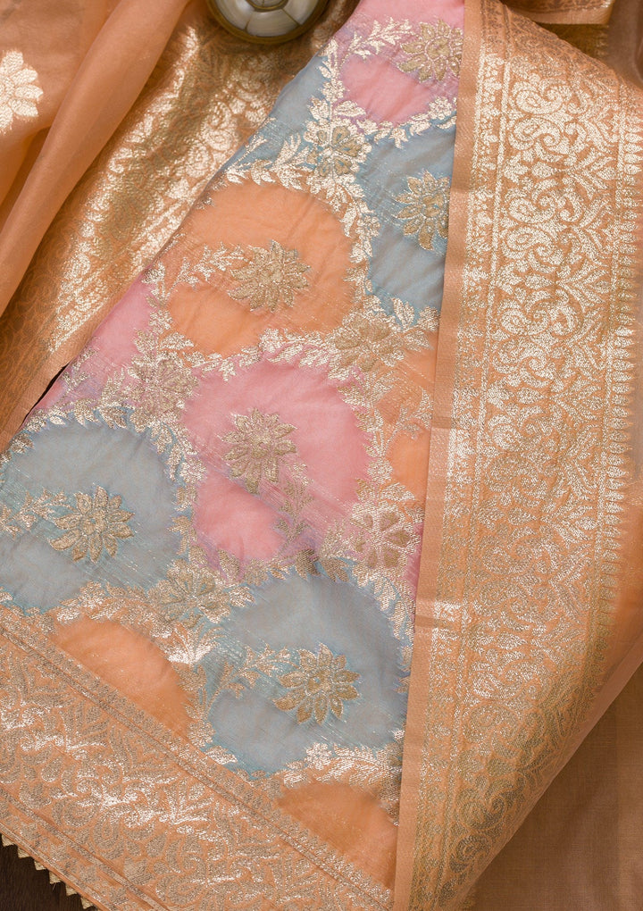 Peach Zariwork Chanderi Unstitched Salwar Suit-Koskii