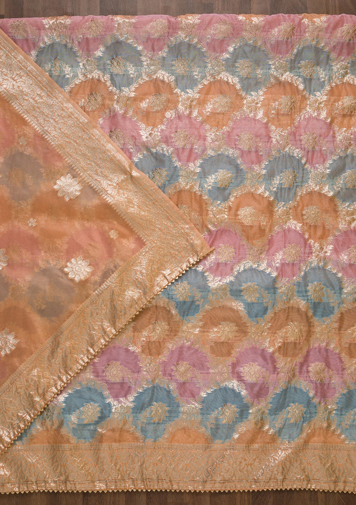 Peach Zariwork Chanderi Unstitched Salwar Suit-Koskii