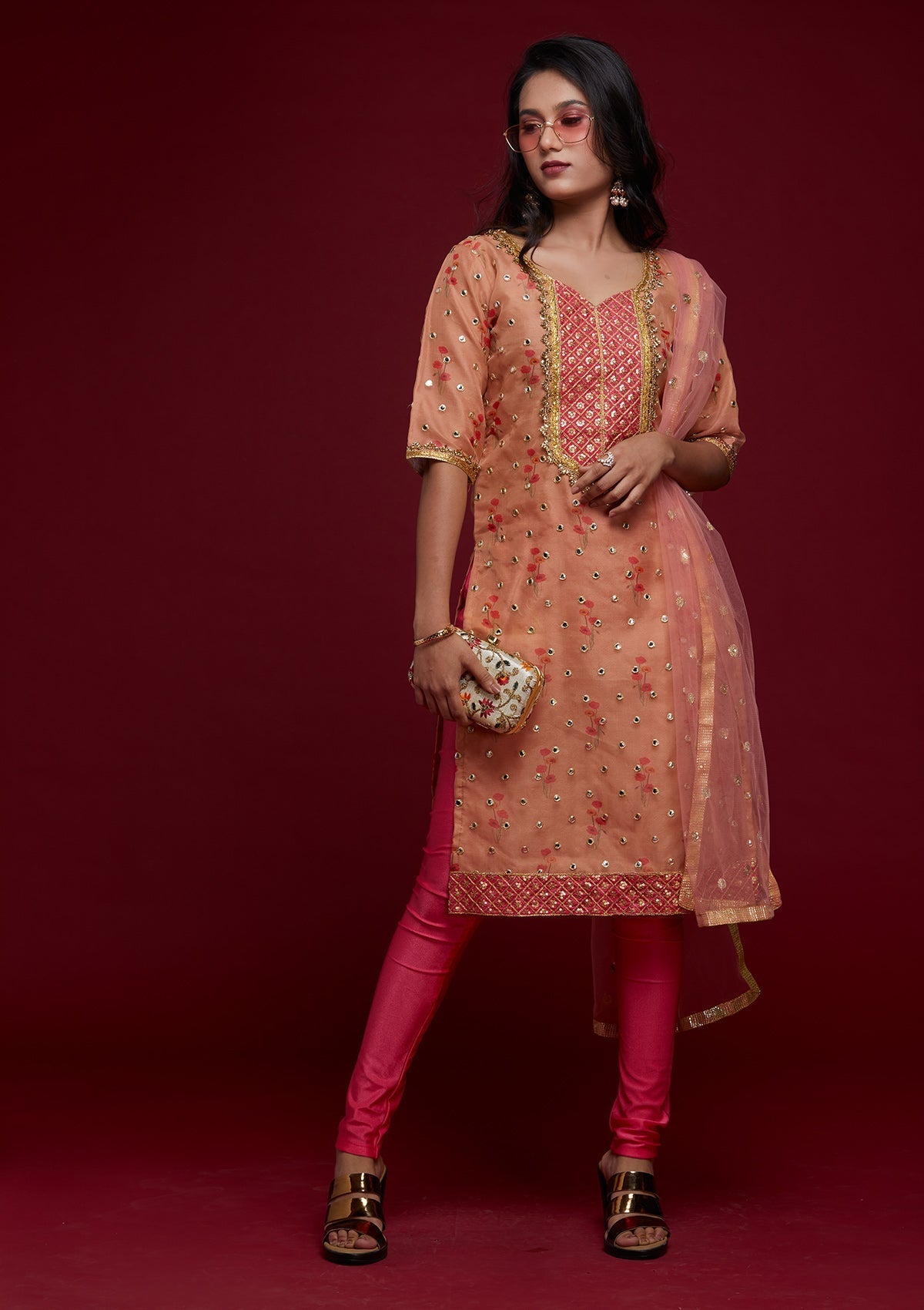 Brown Shimmer Salwar Suit With Kameez & Dupatta For Indian & Pakistani Wedding Festival - Dori With Thread & Sequins Embroidery Work main image 1
