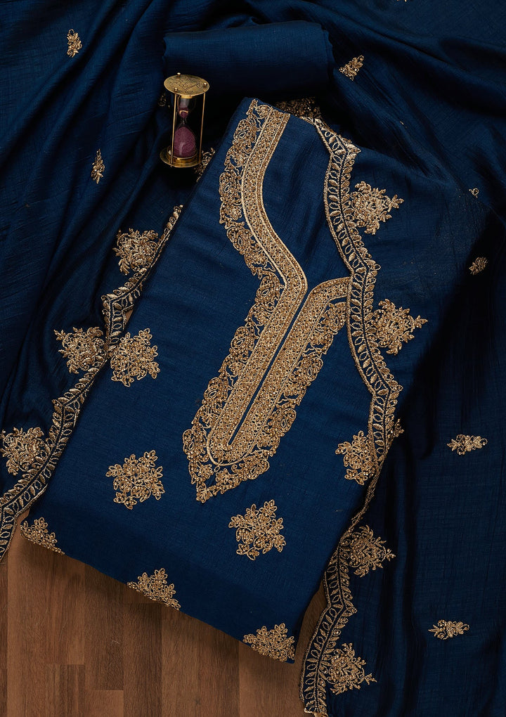 Peacock Blue Stonework Raw Silk Unstitched Salwar Suit-Koskii