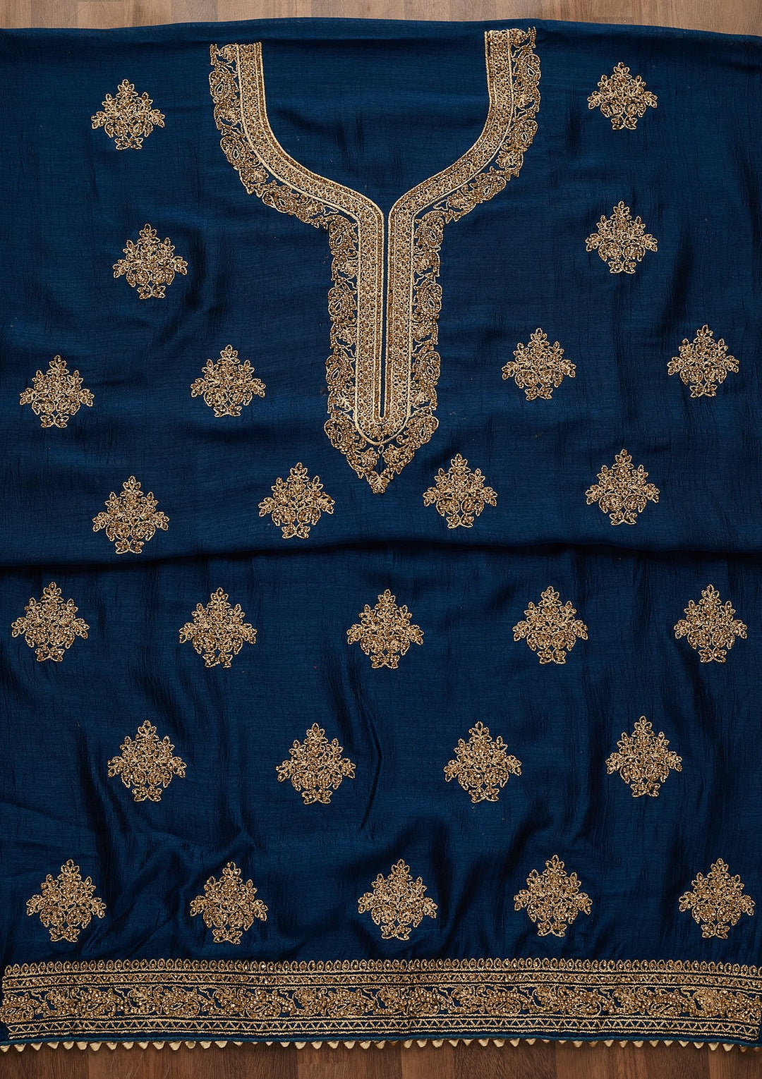 Peacock Blue Stonework Raw Silk Unstitched Salwar Suit-Koskii