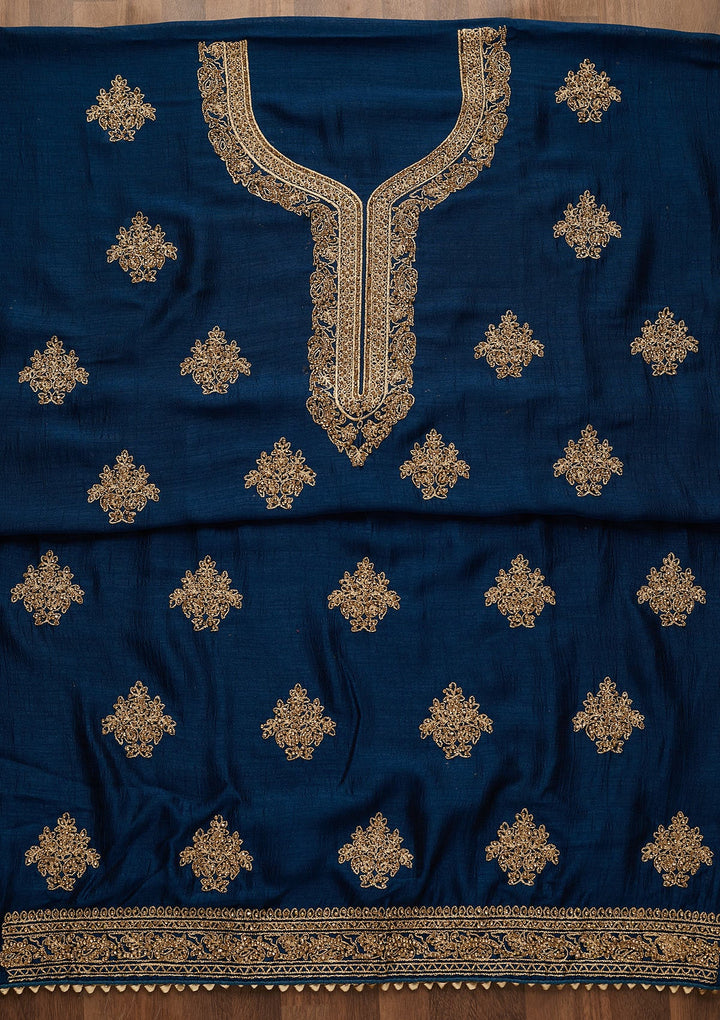 Peacock Blue Stonework Raw Silk Unstitched Salwar Suit-Koskii