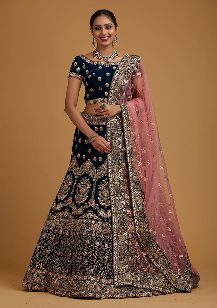 Peacock Blue Threadwork Velvet Designer Semi-Stitched Lehenga - koskii