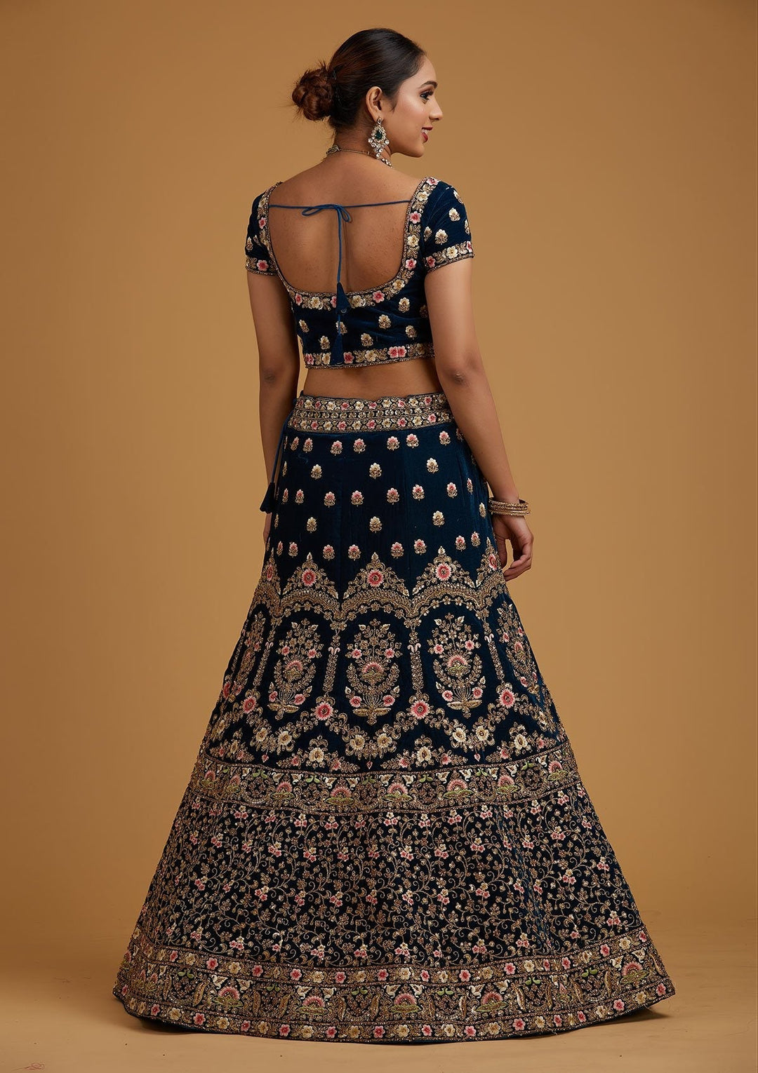 Peacock Blue Threadwork Velvet Designer Semi-Stitched Lehenga - koskii