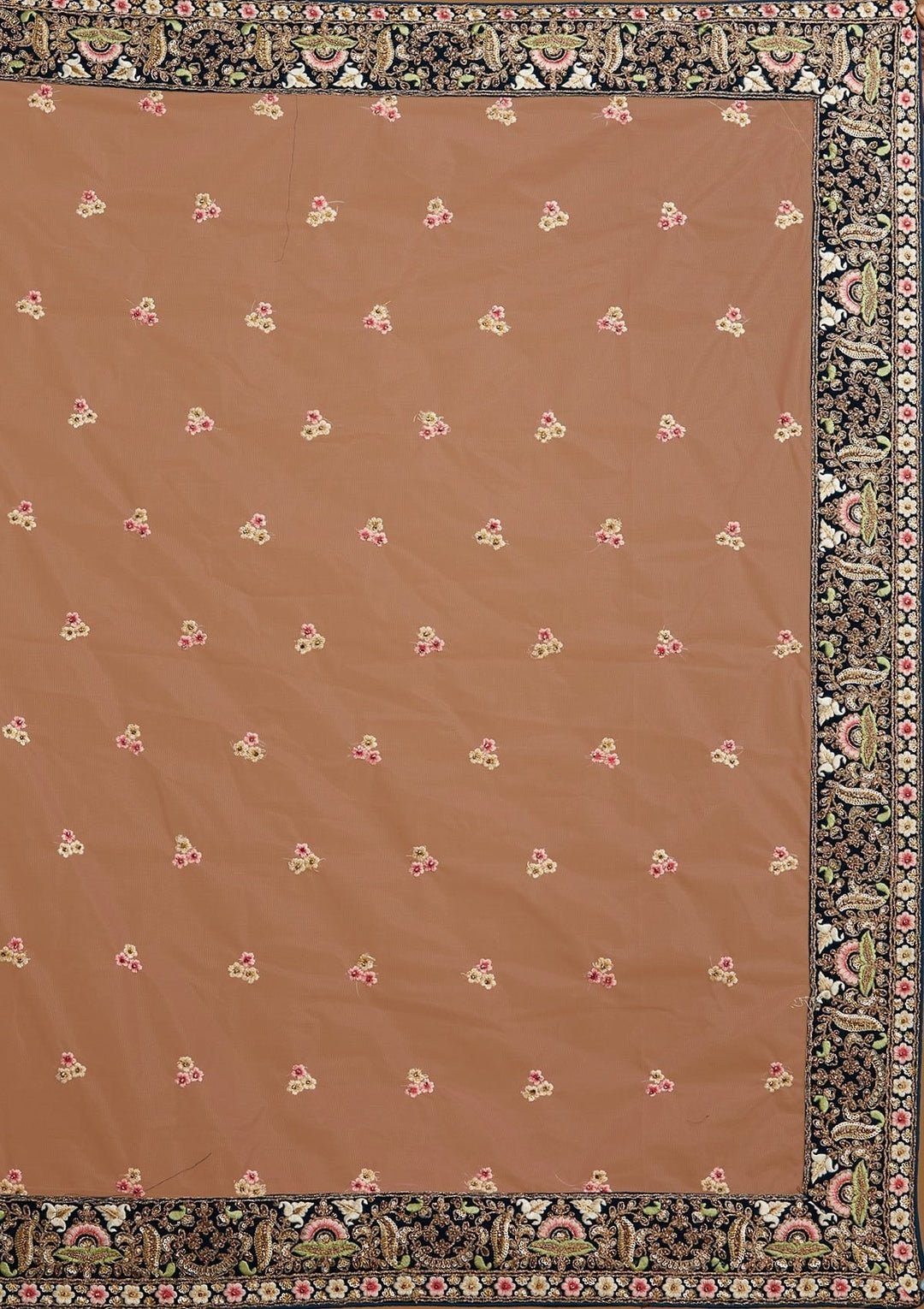 Peacock Blue Threadwork Velvet Designer Semi-Stitched Lehenga - koskii