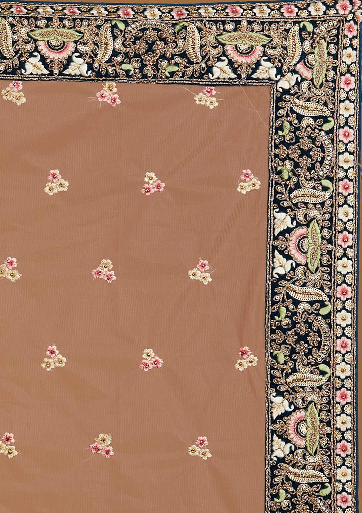 Peacock Blue Threadwork Velvet Designer Semi-Stitched Lehenga - koskii