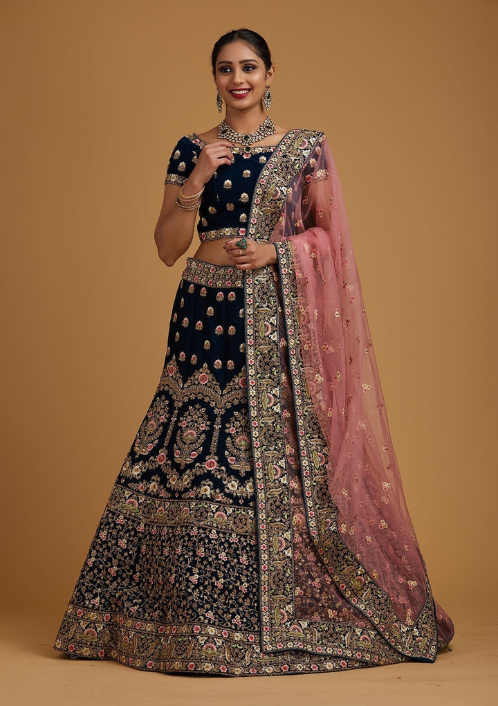 Peacock Blue Threadwork Velvet Designer Semi-Stitched Lehenga - koskii