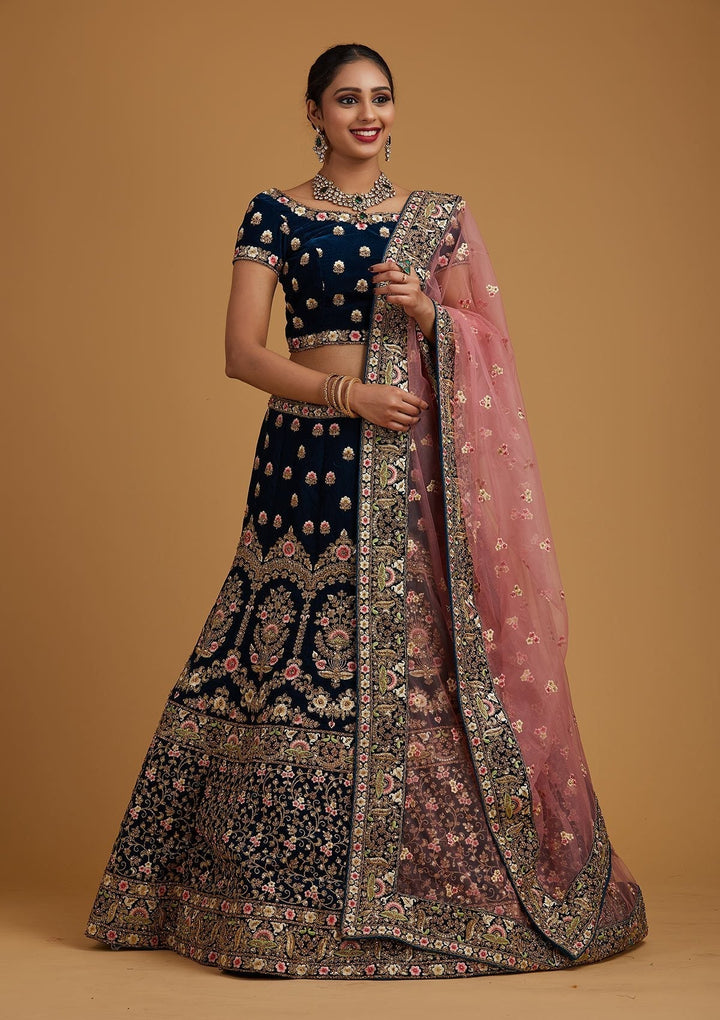Peacock Blue Threadwork Velvet Designer Semi-Stitched Lehenga - koskii