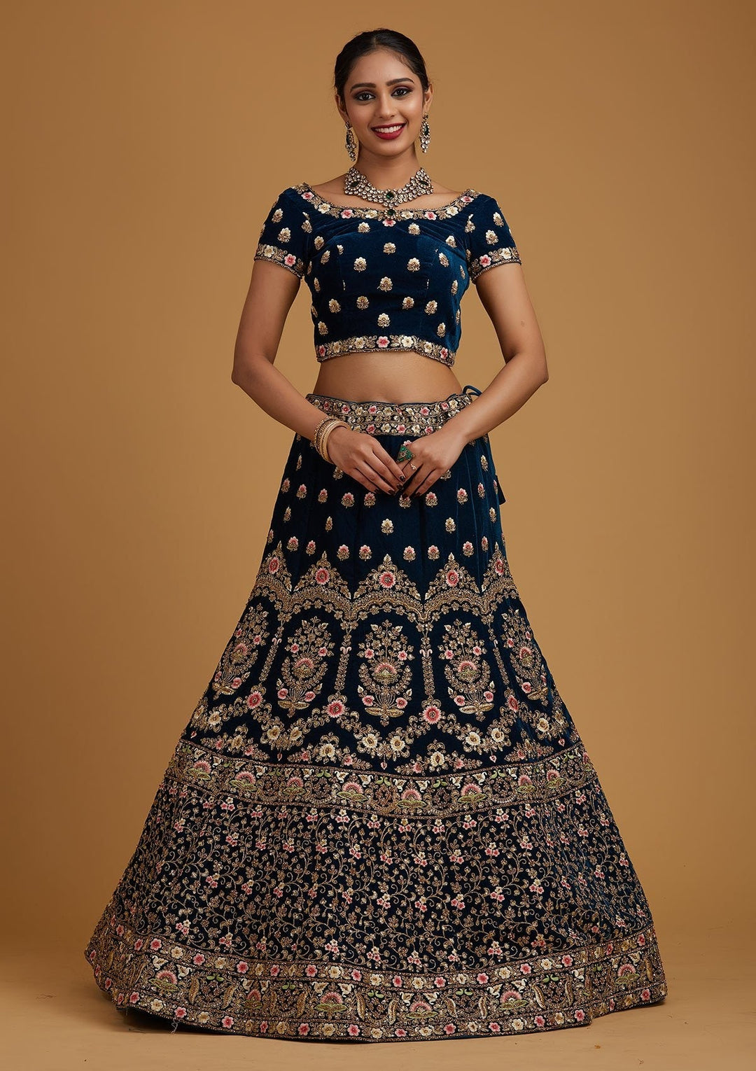 Peacock Blue Threadwork Velvet Designer Semi-Stitched Lehenga - koskii