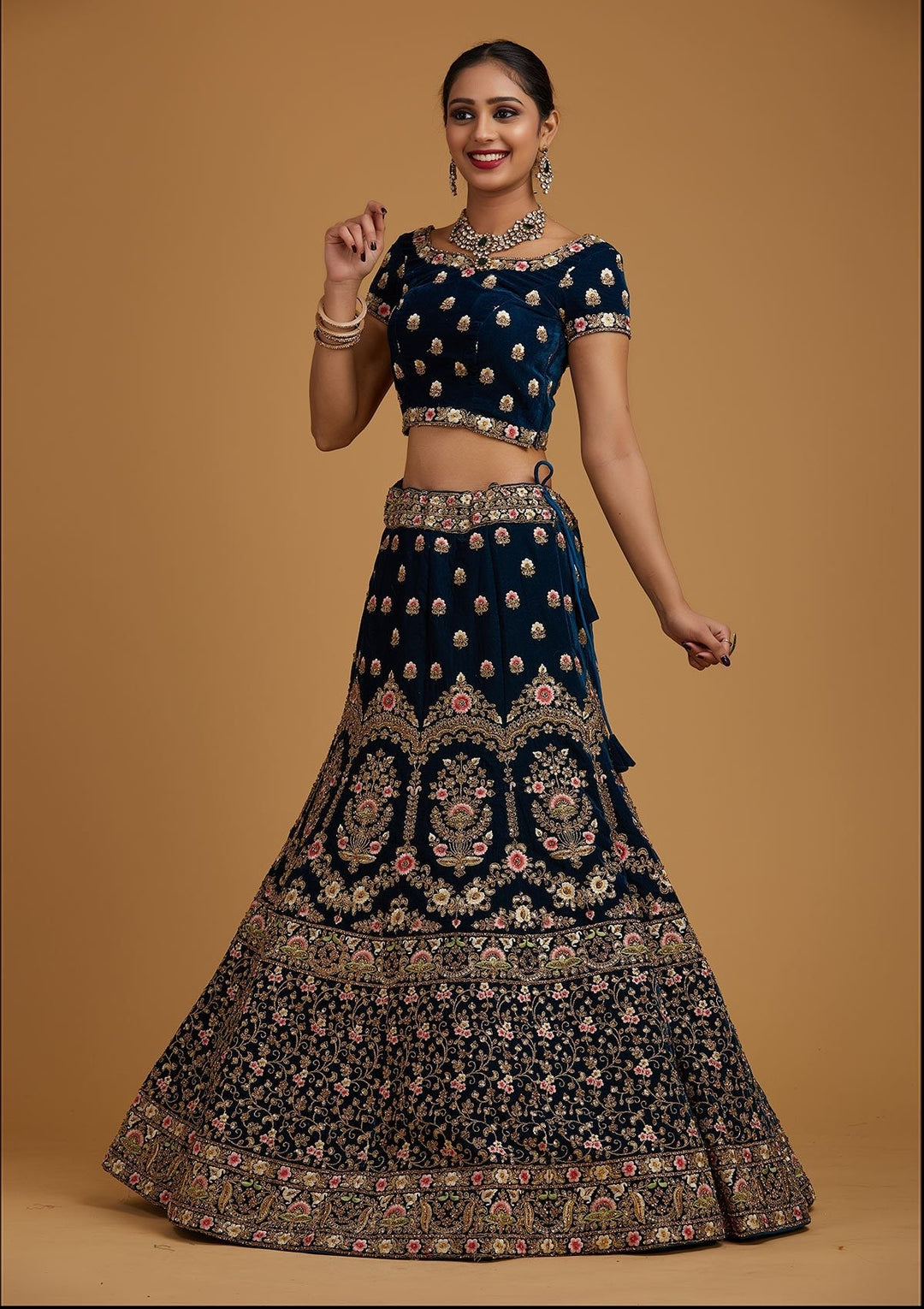 Peacock Blue Threadwork Velvet Designer Semi-Stitched Lehenga - koskii