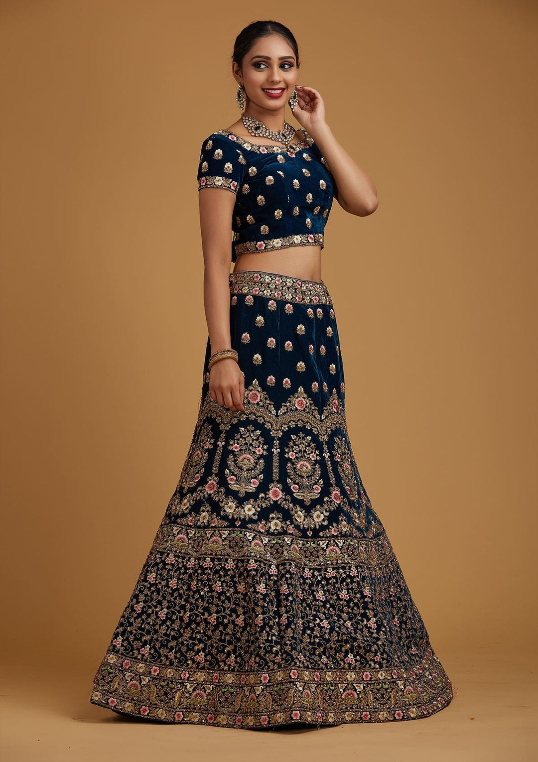 Peacock Blue Threadwork Velvet Designer Semi-Stitched Lehenga - koskii