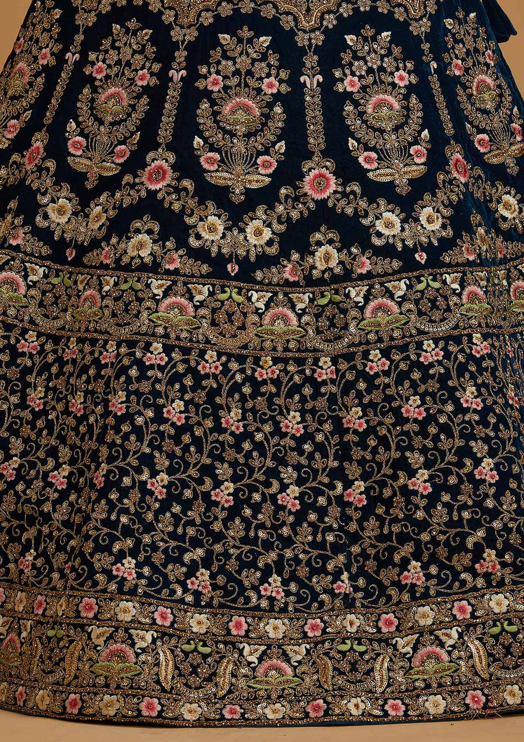 Peacock Blue Threadwork Velvet Designer Semi-Stitched Lehenga - koskii