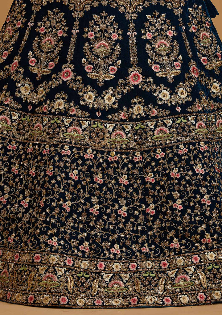Peacock Blue Threadwork Velvet Designer Semi-Stitched Lehenga - koskii