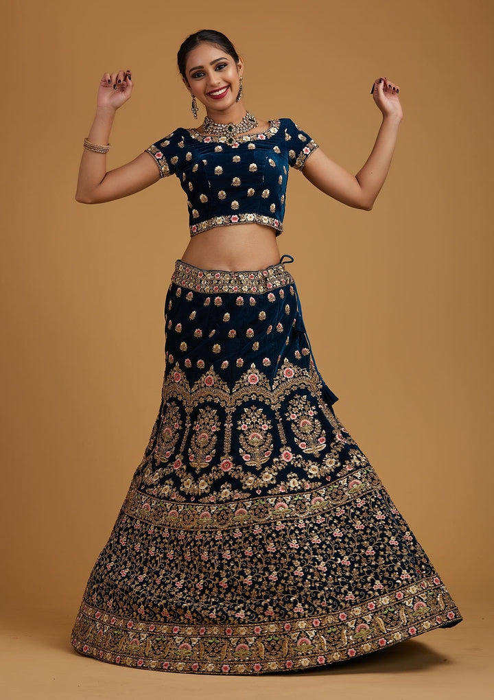 Peacock Blue Threadwork Velvet Designer Semi-Stitched Lehenga - koskii