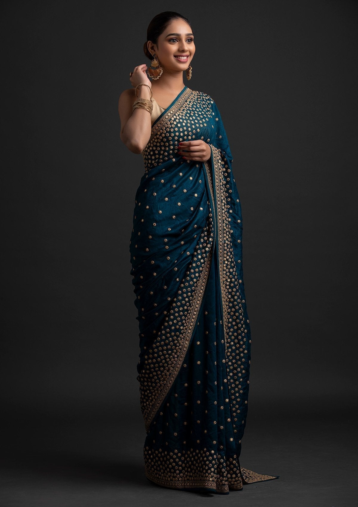 Buy Peacock Blue Zari Work Raw Silk Saree - Koskii