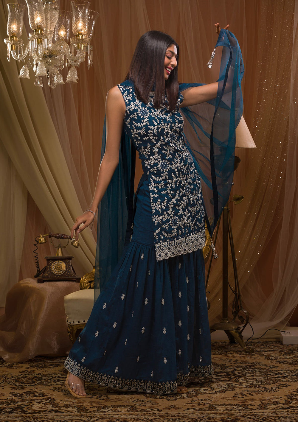 Peacock Blue Silver Zariwork Raw Silk Readymade Salwar Kameez-Koskii
