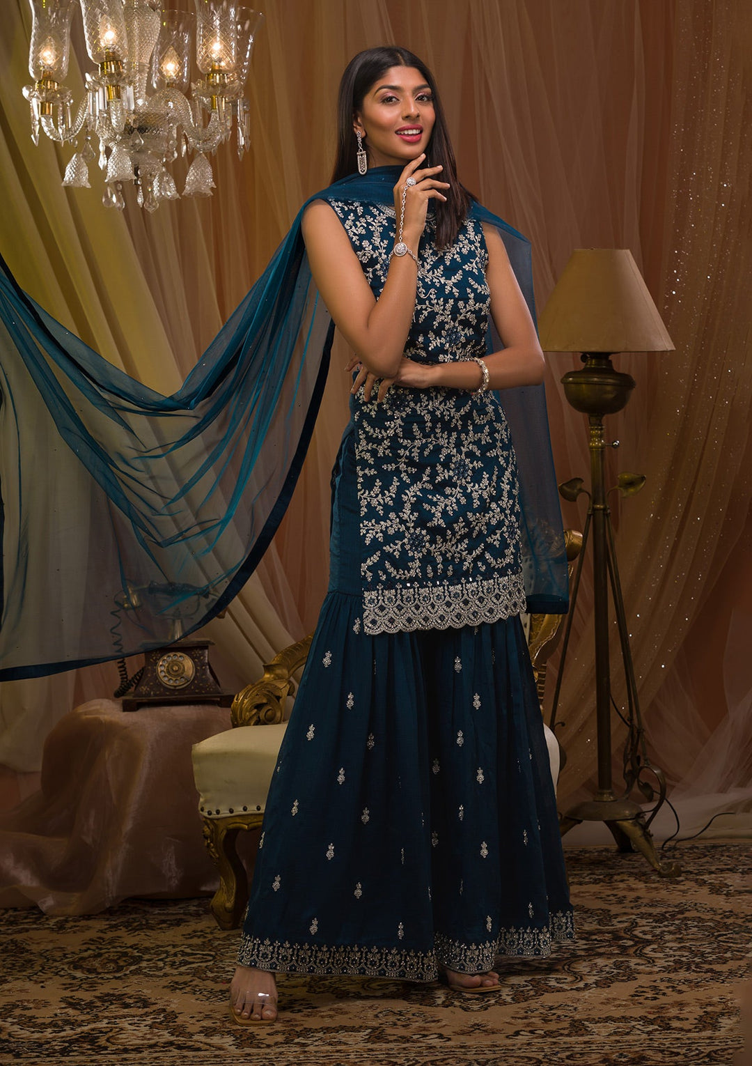 Peacock Blue Silver Zariwork Raw Silk Readymade Salwar Kameez-Koskii