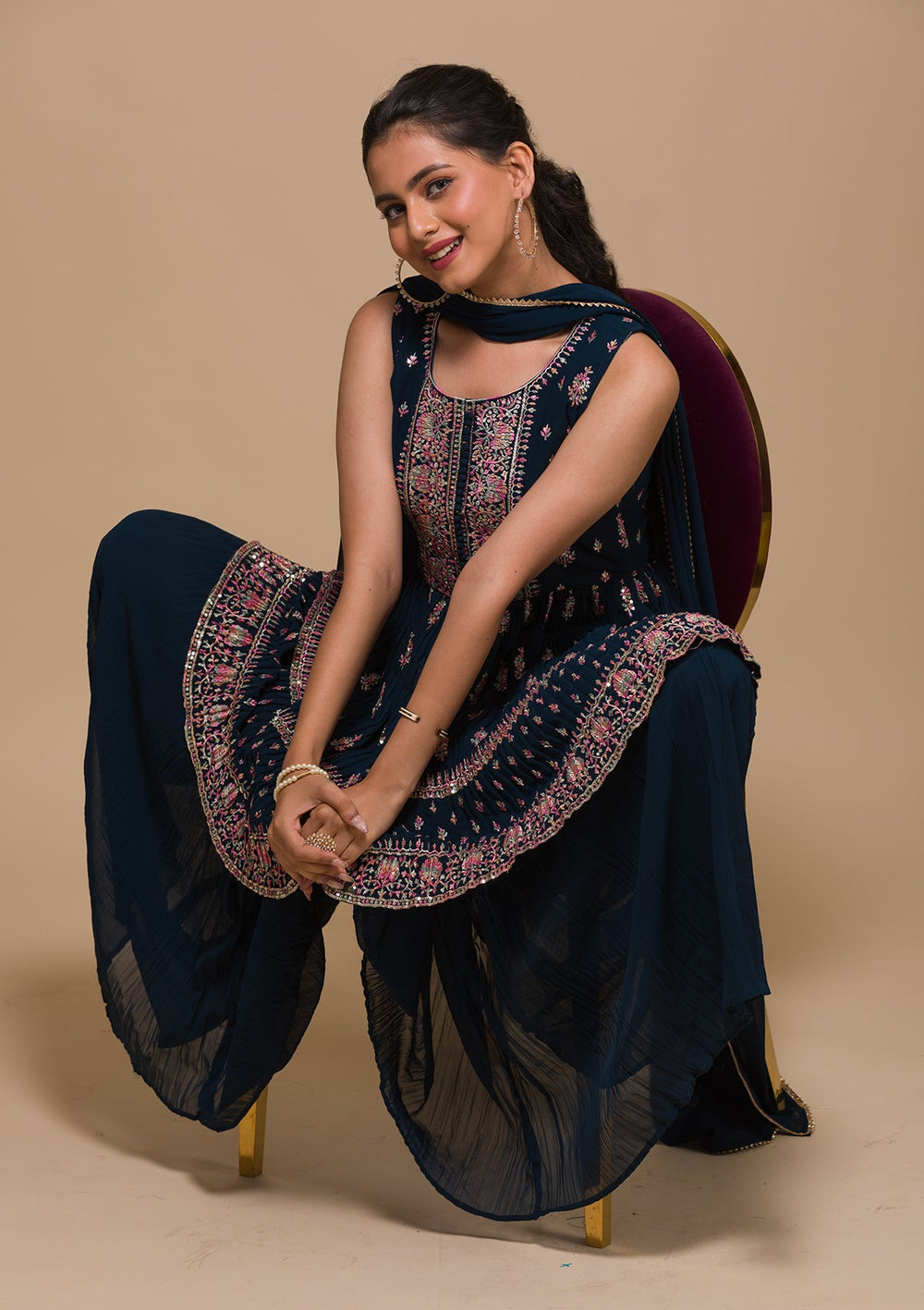 Peacock Blue Threadwork Georgette Readymade Salwar Kameez-Koskii