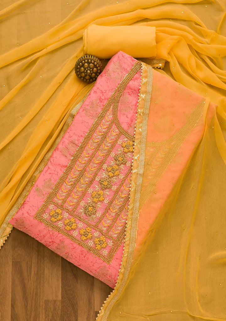 Pink Pearlwork Semi Crepe Unstitched Salwar Kameez-Koskii