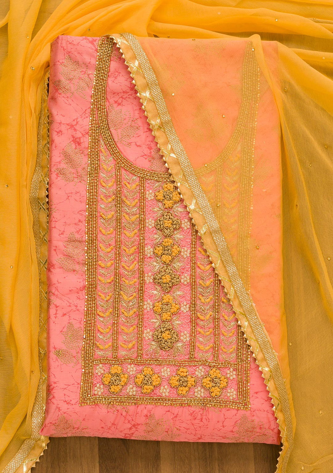 Pink Pearlwork Semi Crepe Unstitched Salwar Kameez-Koskii
